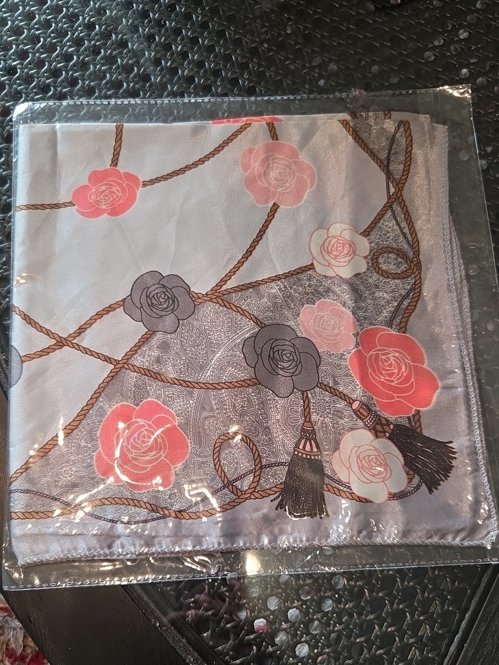 Floral Rope Print Satin Like Scarf — Pink, Gray, Cream 19 x 19